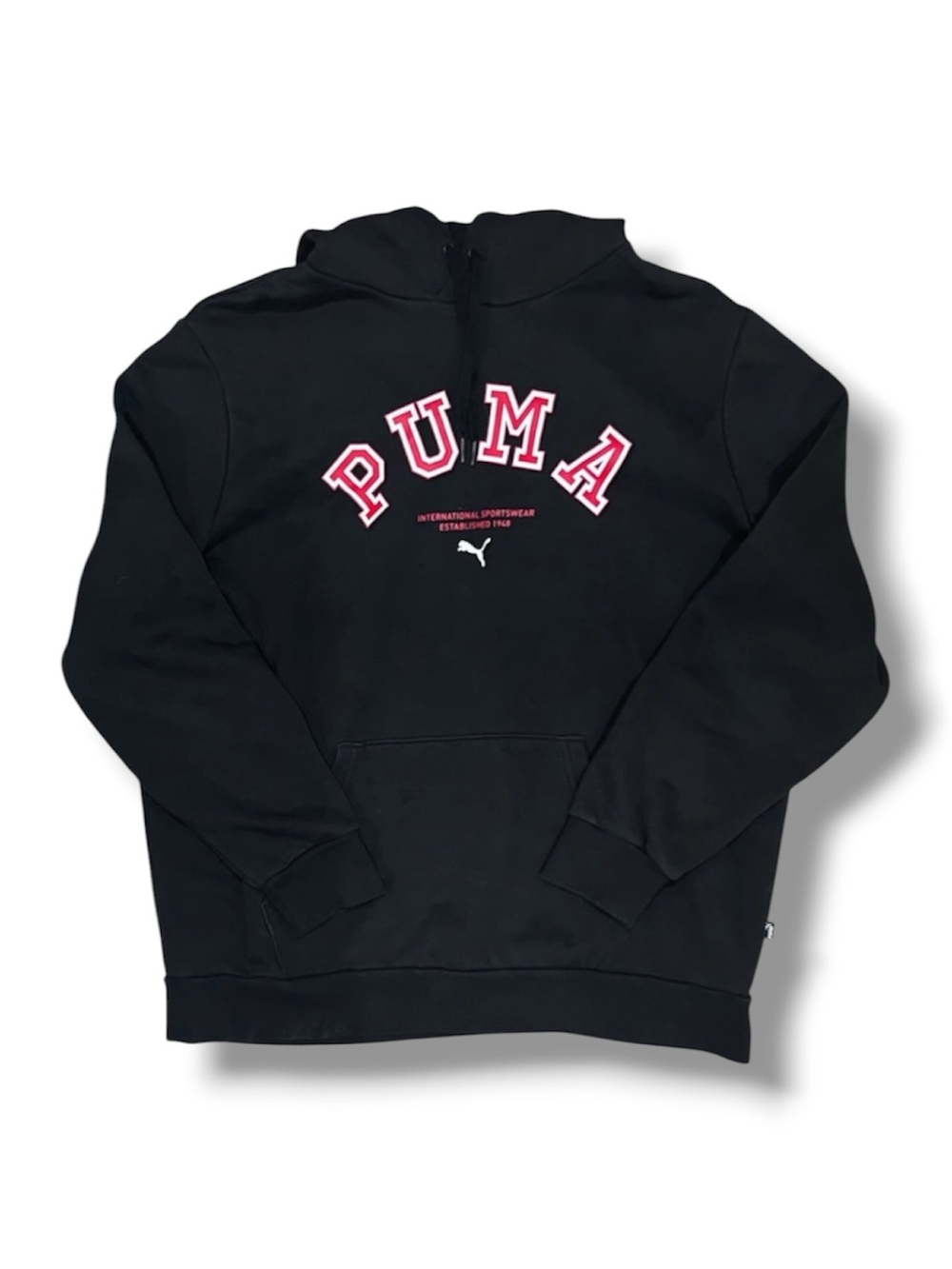 Puma Black Hoodie with Red & White Athletic Graphic Lettering Men’s Size XL